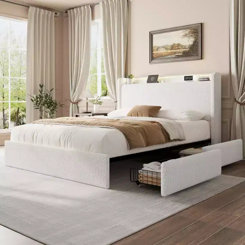 Base Letto a Piattaforma Imbottita in Bouclé con Cassetti Contenitori, Testiera a LED e Stazione di Ricarica – Beige / Bianco | Matrimoniale / Queen