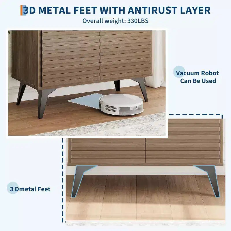 Credenza/mobile buffet scanalato da 42", legno naturale/noce, stile metà secolo, ripiani aperti e ante, gambe in metallo nero