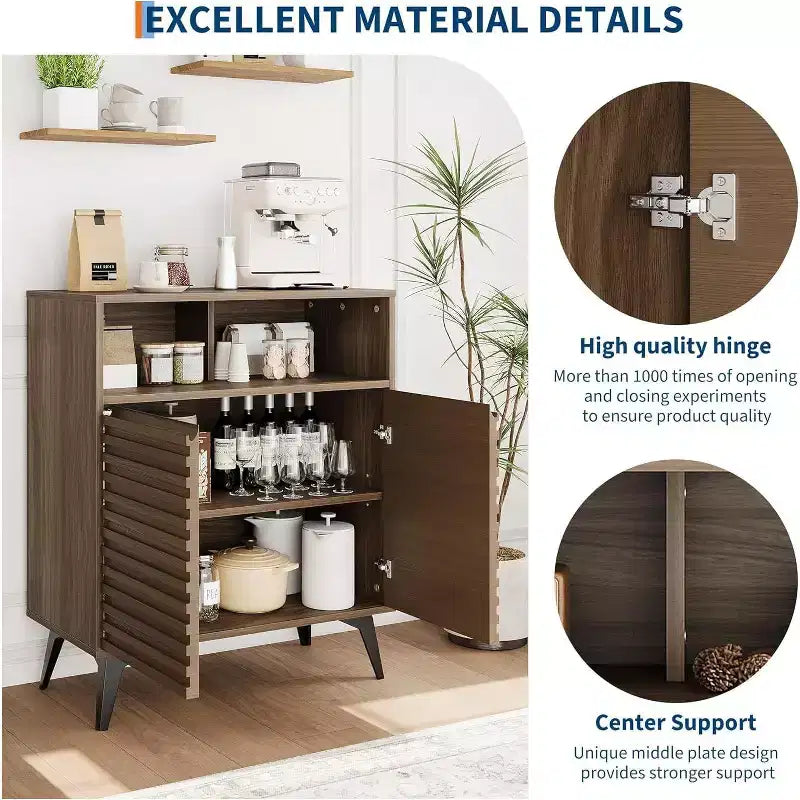Credenza/mobile buffet scanalato da 42", legno naturale/noce, stile metà secolo, ripiani aperti e ante, gambe in metallo nero