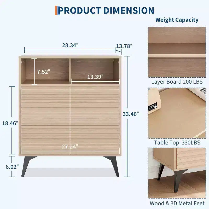 Credenza/mobile buffet scanalato da 42", legno naturale/noce, stile metà secolo, ripiani aperti e ante, gambe in metallo nero