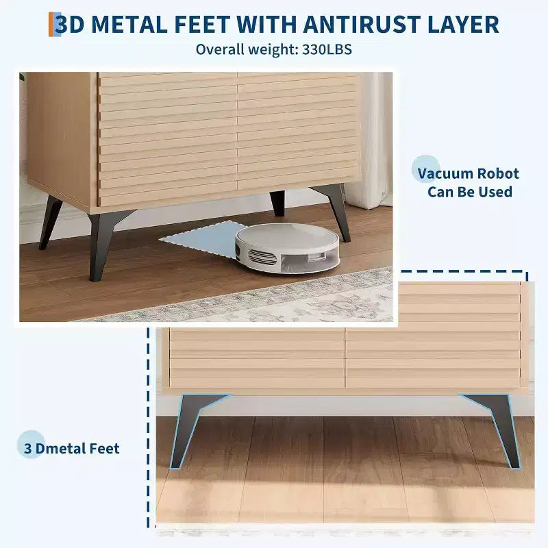 Credenza/mobile buffet scanalato da 42", legno naturale/noce, stile metà secolo, ripiani aperti e ante, gambe in metallo nero