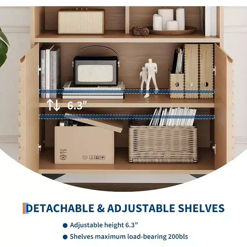 Credenza/mobile buffet scanalato da 42", legno naturale/noce, stile metà secolo, ripiani aperti e ante, gambe in metallo nero