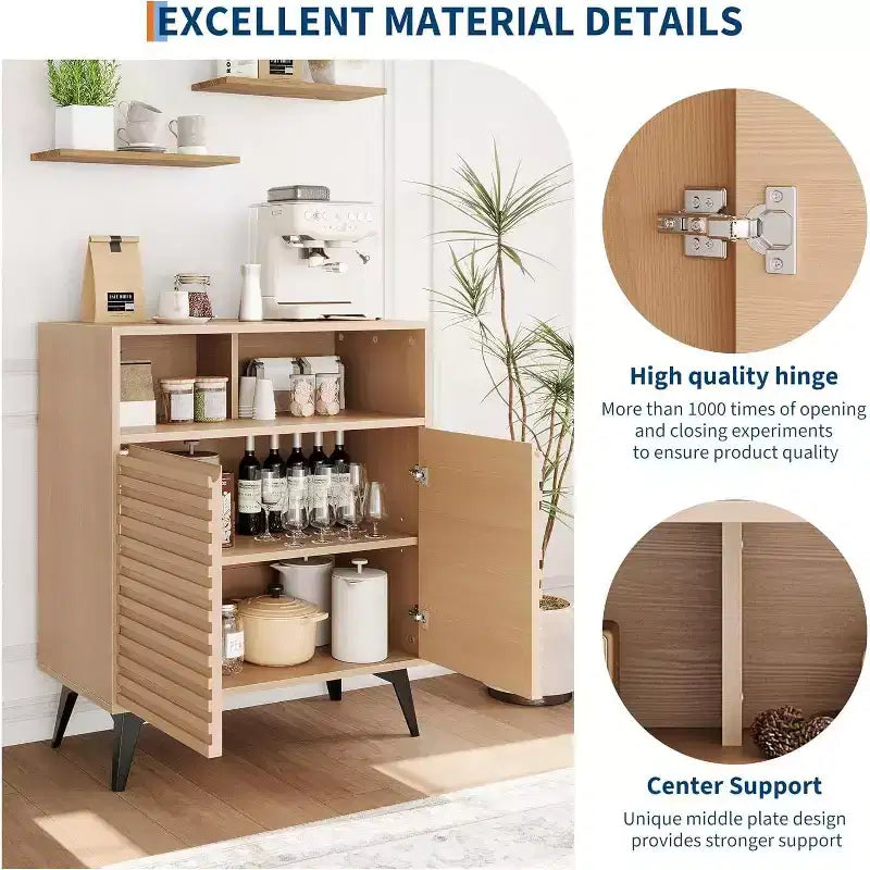 Credenza/mobile buffet scanalato da 42", legno naturale/noce, stile metà secolo, ripiani aperti e ante, gambe in metallo nero
