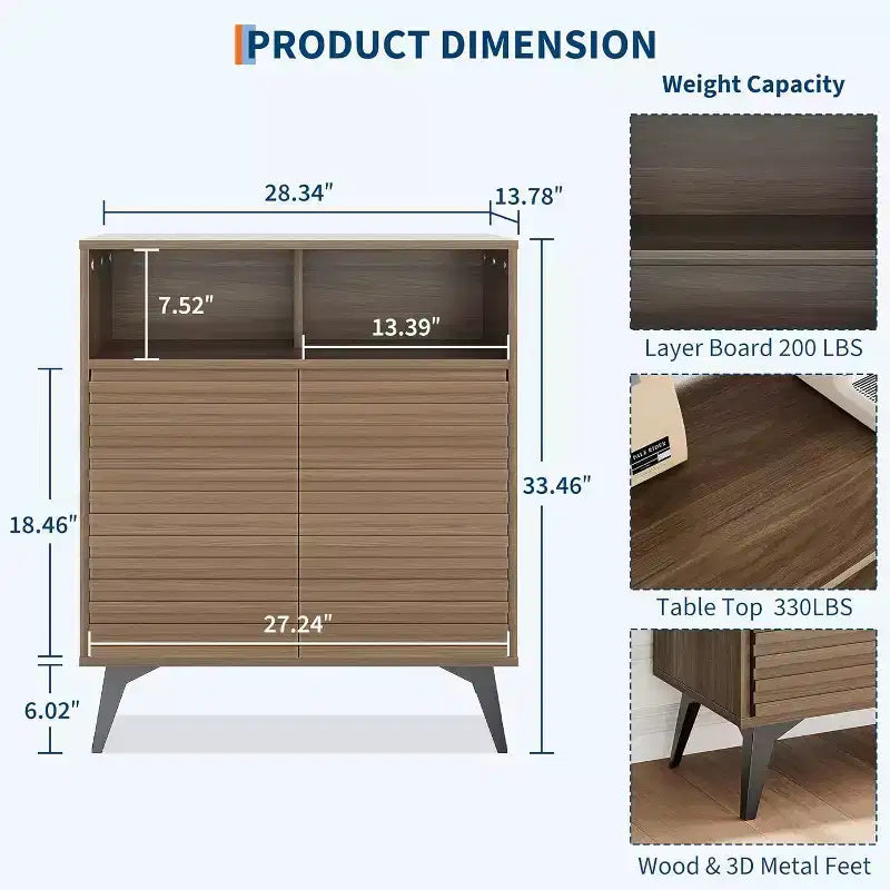 Credenza/mobile buffet scanalato da 42", legno naturale/noce, stile metà secolo, ripiani aperti e ante, gambe in metallo nero