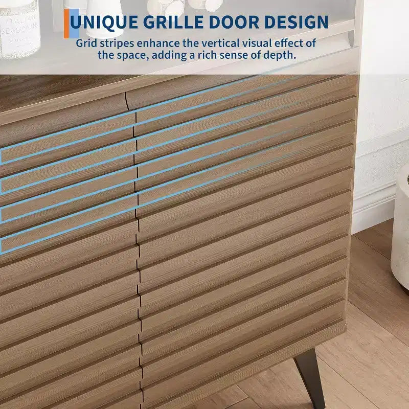 Credenza/mobile buffet scanalato da 42", legno naturale/noce, stile metà secolo, ripiani aperti e ante, gambe in metallo nero