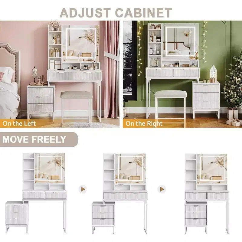 Toeletta per il trucco con specchio illuminato e sgabello – Oro / Bianco, 1 persona