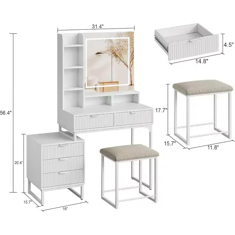 Toeletta per il trucco con specchio illuminato e sgabello – Oro / Bianco, 1 persona