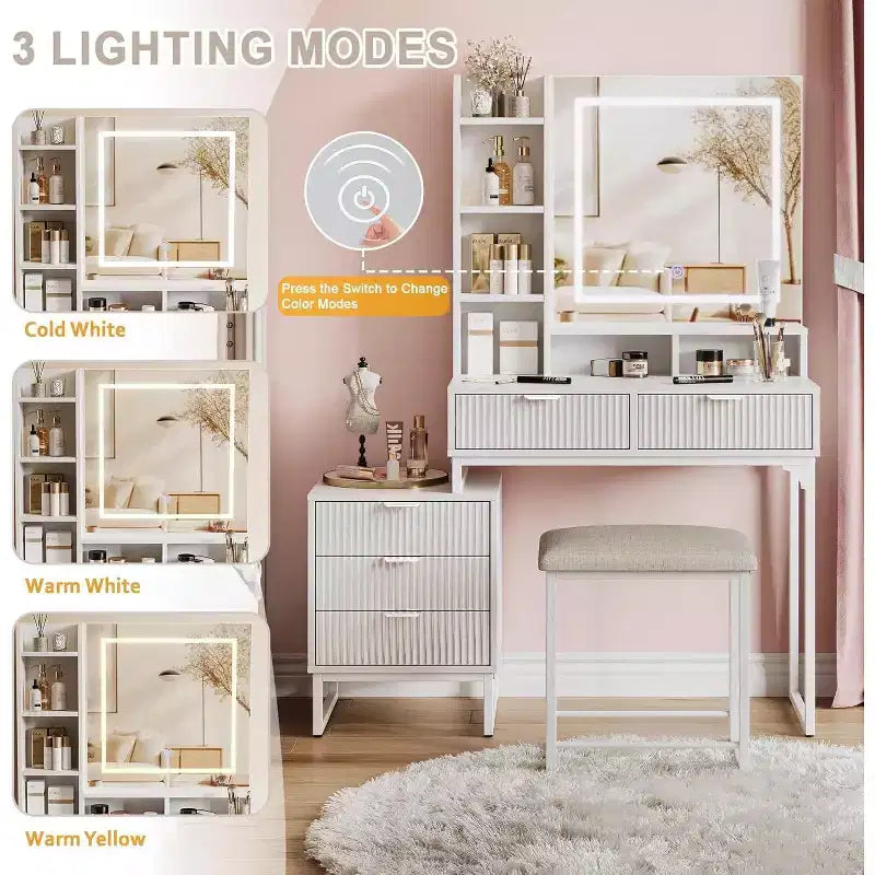 Toeletta per il trucco con specchio illuminato e sgabello – Oro / Bianco, 1 persona