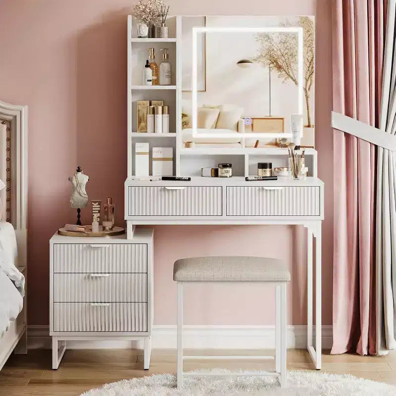 Toeletta per il trucco con specchio illuminato e sgabello – Oro / Bianco, 1 persona