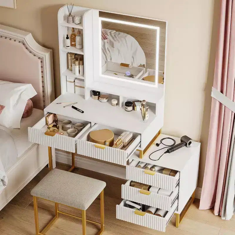 Toeletta per il trucco con specchio illuminato e sgabello – Oro / Bianco, 1 persona
