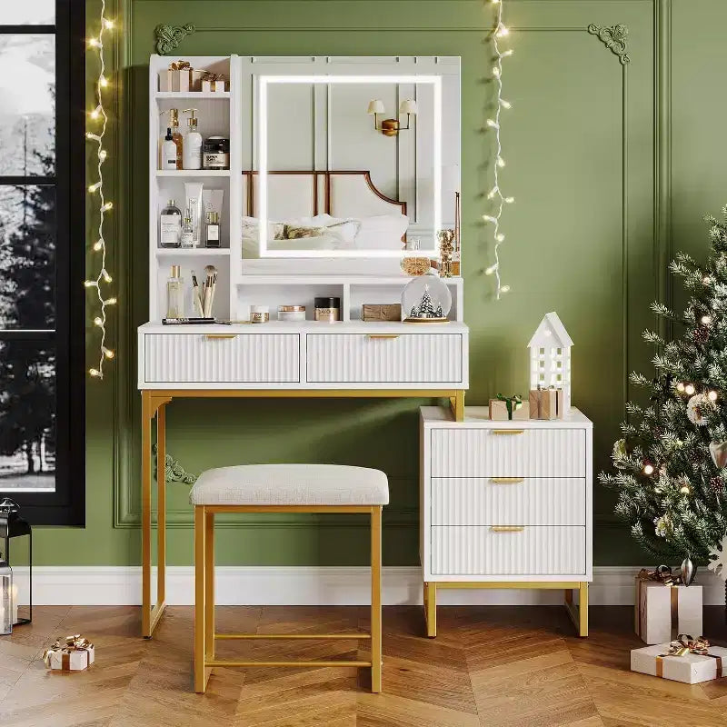 Toeletta per il trucco con specchio illuminato e sgabello – Oro / Bianco, 1 persona
