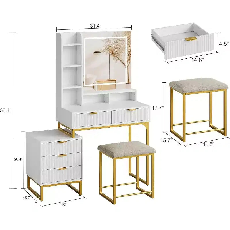 Toeletta per il trucco con specchio illuminato e sgabello – Oro / Bianco, 1 persona