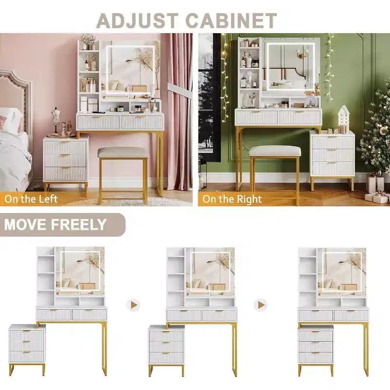 Toeletta per il trucco con specchio illuminato e sgabello – Oro / Bianco, 1 persona