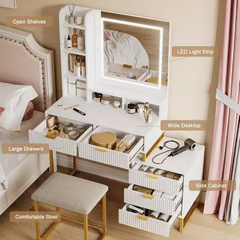 Toeletta per il trucco con specchio illuminato e sgabello – Oro / Bianco, 1 persona