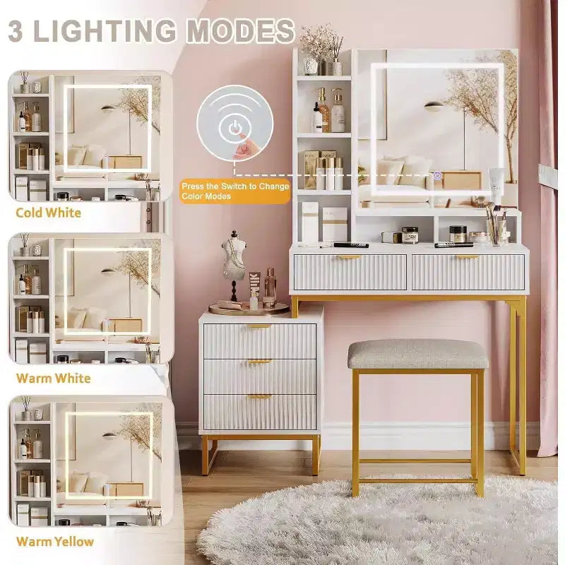 Toeletta per il trucco con specchio illuminato e sgabello – Oro / Bianco, 1 persona