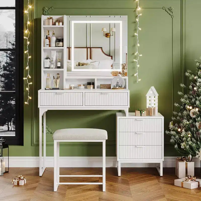 Toeletta per il trucco con specchio illuminato e sgabello – Oro / Bianco, 1 persona
