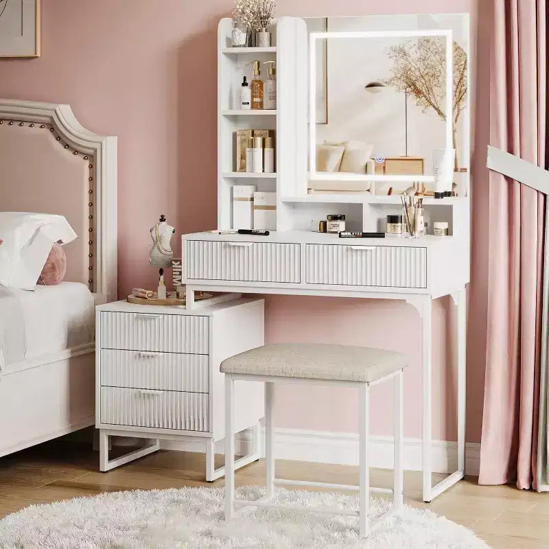 Toeletta per il trucco con specchio illuminato e sgabello – Oro / Bianco, 1 persona