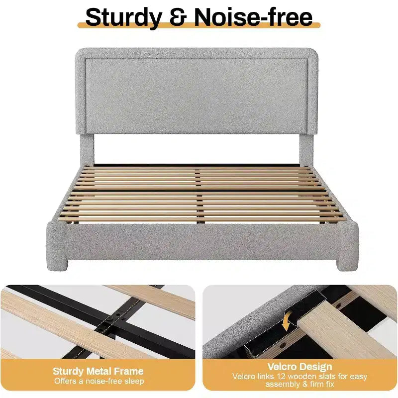 Telaio Letto con Piattaforma Imbottito in Bouclé Grigio con Testiera Regolabile