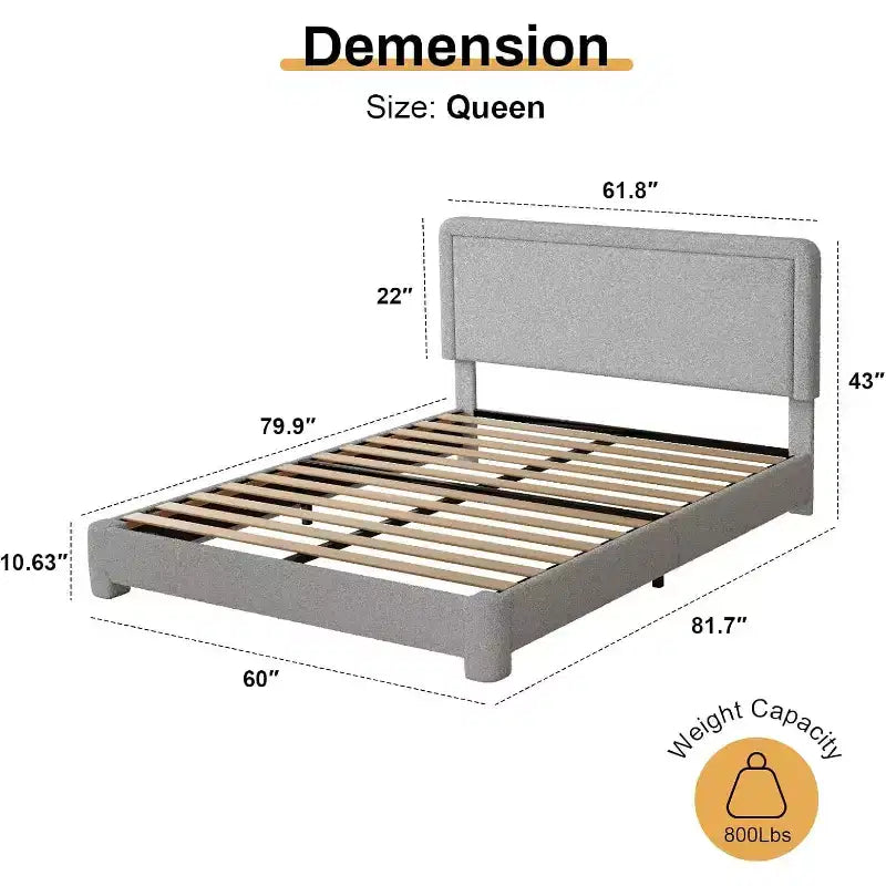 Telaio Letto con Piattaforma Imbottito in Bouclé Grigio con Testiera Regolabile