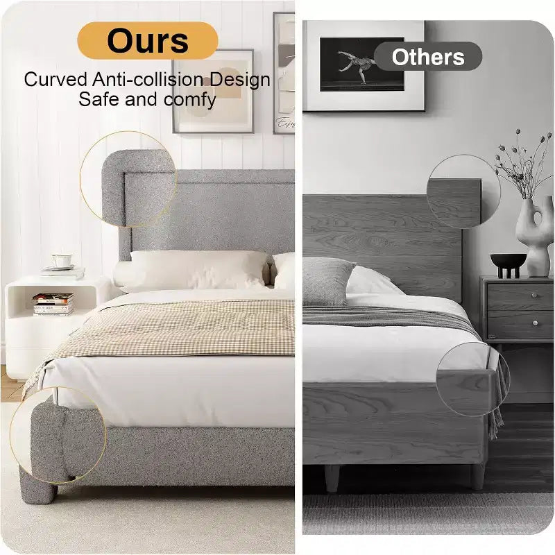 Telaio Letto con Piattaforma Imbottito in Bouclé Grigio con Testiera Regolabile
