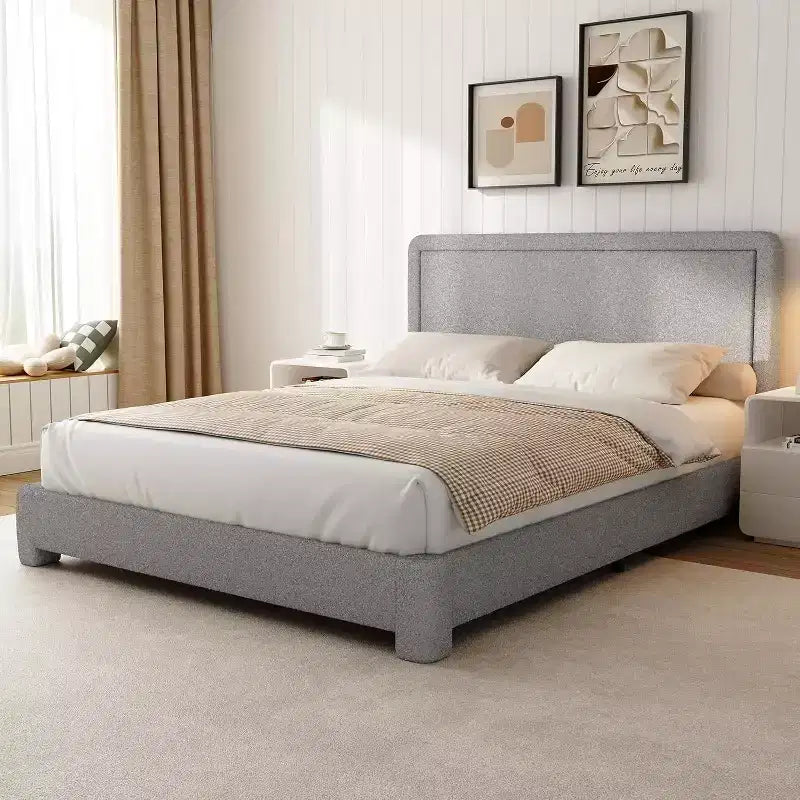 Telaio Letto con Piattaforma Imbottito in Bouclé Grigio con Testiera Regolabile