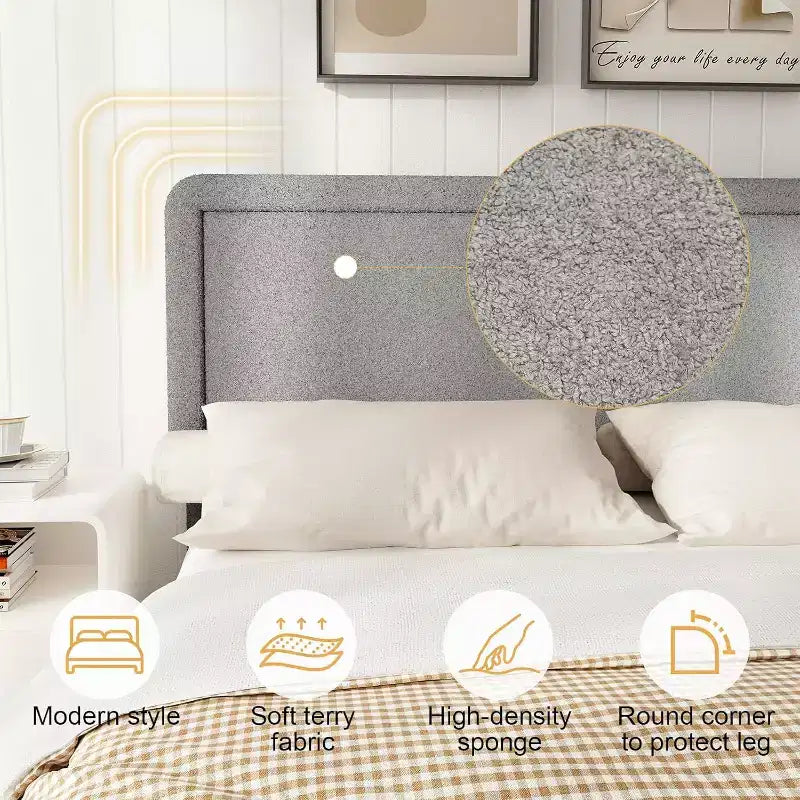 Telaio Letto con Piattaforma Imbottito in Bouclé Grigio con Testiera Regolabile