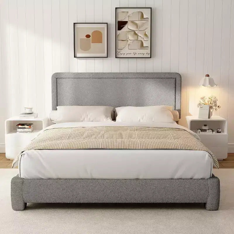 Telaio Letto con Piattaforma Imbottito in Bouclé Grigio con Testiera Regolabile