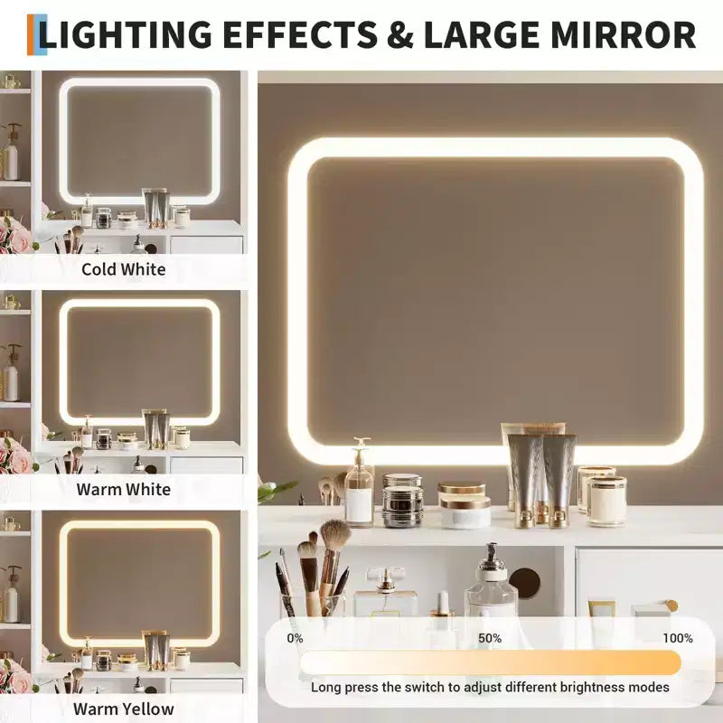 Toeletta Bianca con Specchio LED, 4 Cassetti, 2 Ripiani e Sgabello – 1 Persona