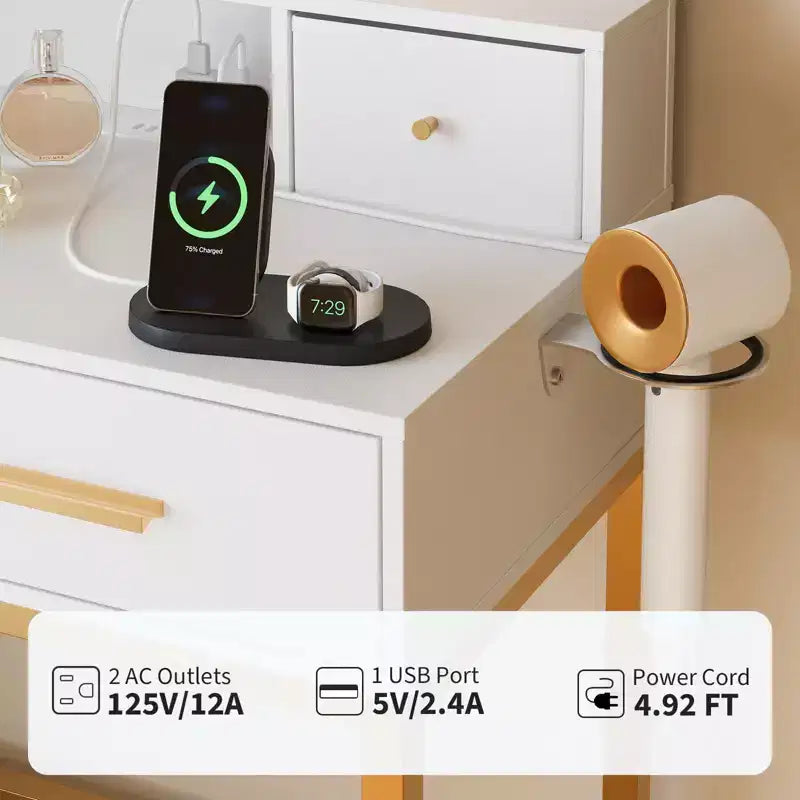 Toeletta Bianca con Specchio LED, 4 Cassetti, 2 Ripiani e Sgabello – 1 Persona