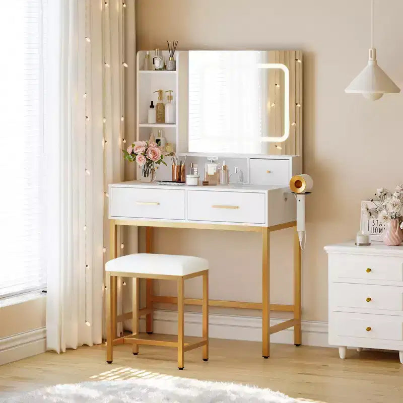 Toeletta Bianca con Specchio LED, 4 Cassetti, 2 Ripiani e Sgabello – 1 Persona