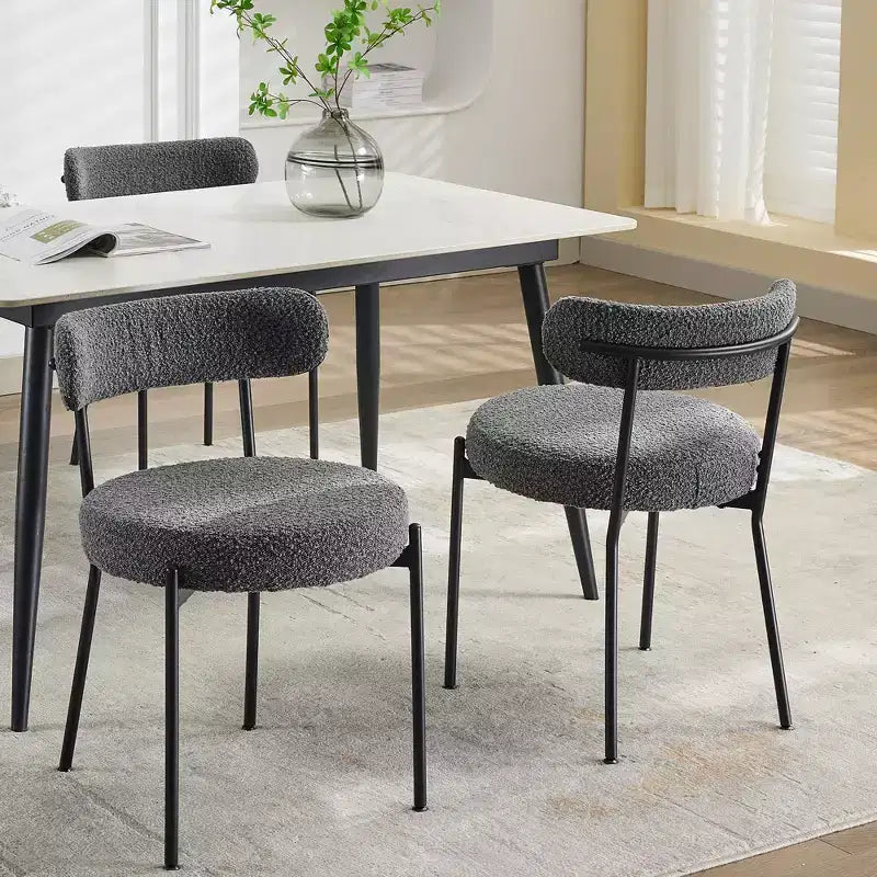 Dining Chairs, Mid-Century Chairs - Set of 2 Boucle Upholstered Round Chairs with Adjustable Legs (Light Grey, Black Leg)