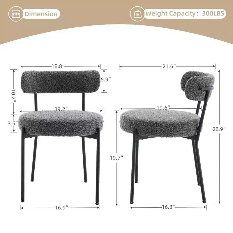 Sedia da pranzo Barrel Back, set da 2 – Bouclé grigio chiaro, gambe nere, 1 posto
