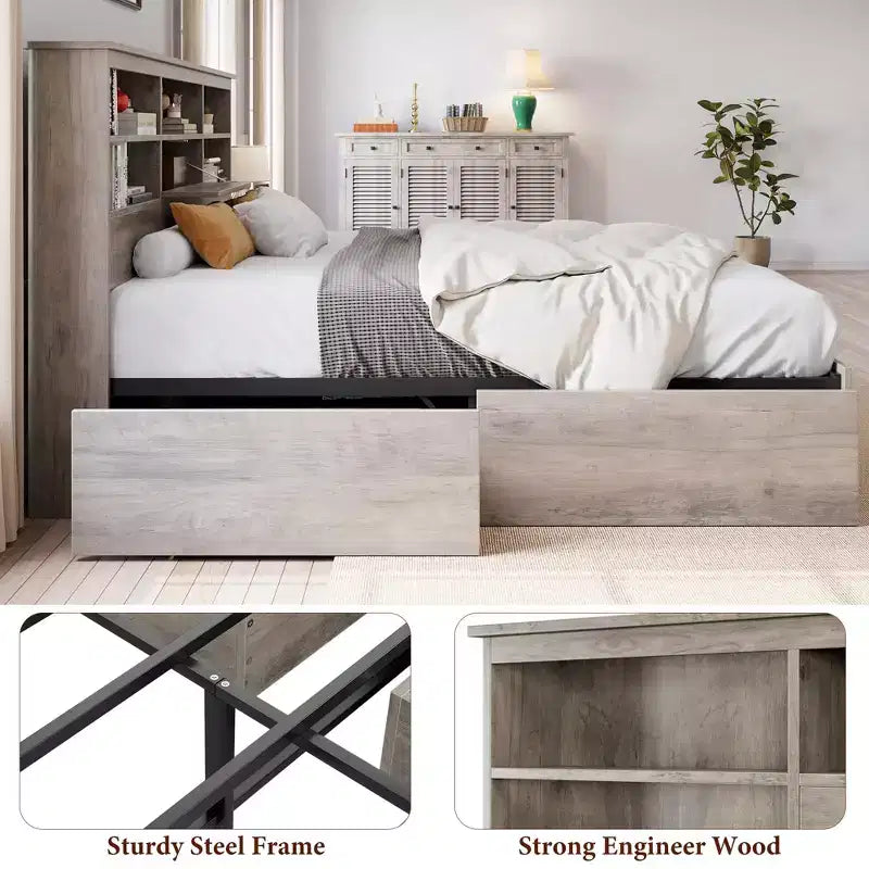 Letto king-size grigio con piattaforma e contenitore — 4 cassetti e testiera con libreria, 2 posti letto