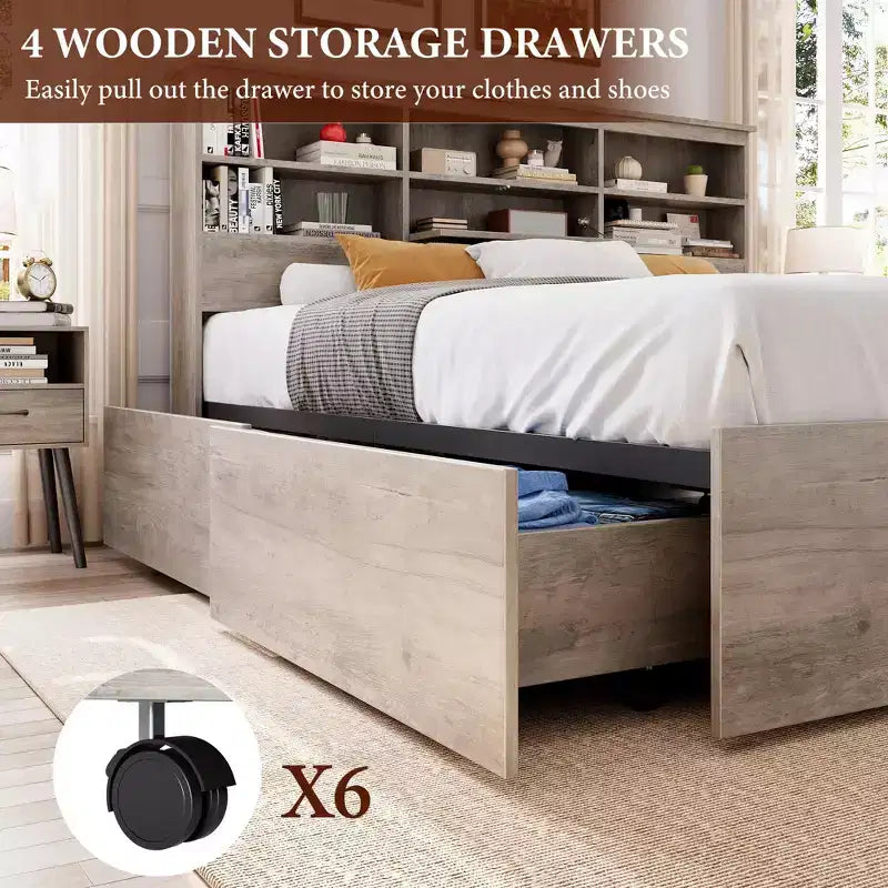 Letto king-size grigio con piattaforma e contenitore — 4 cassetti e testiera con libreria, 2 posti letto