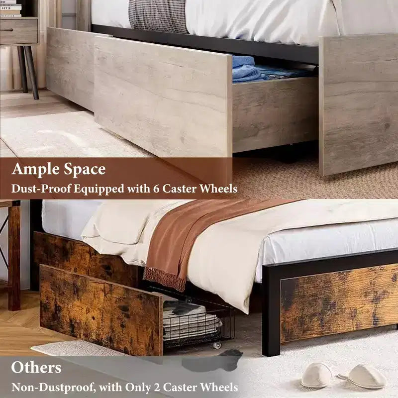 Letto king-size grigio con piattaforma e contenitore — 4 cassetti e testiera con libreria, 2 posti letto
