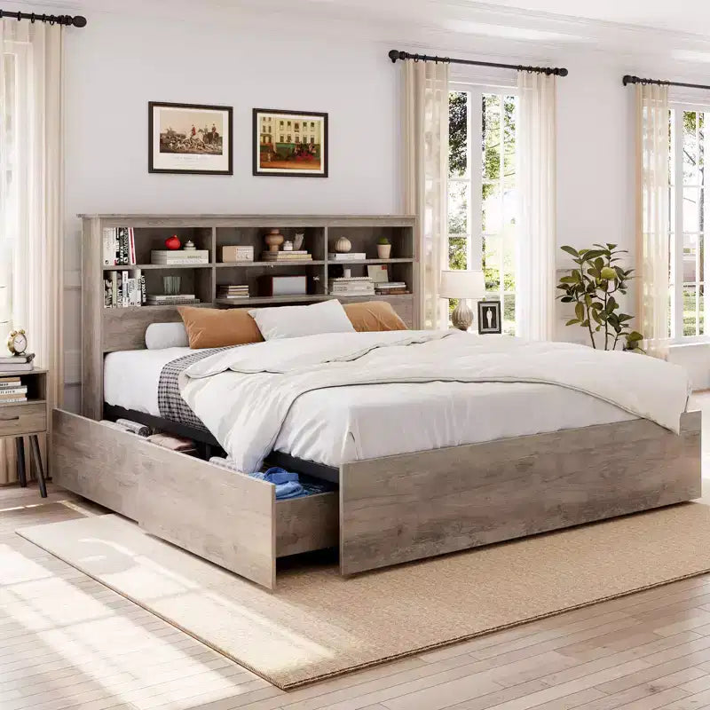 Letto king-size grigio con piattaforma e contenitore — 4 cassetti e testiera con libreria, 2 posti letto