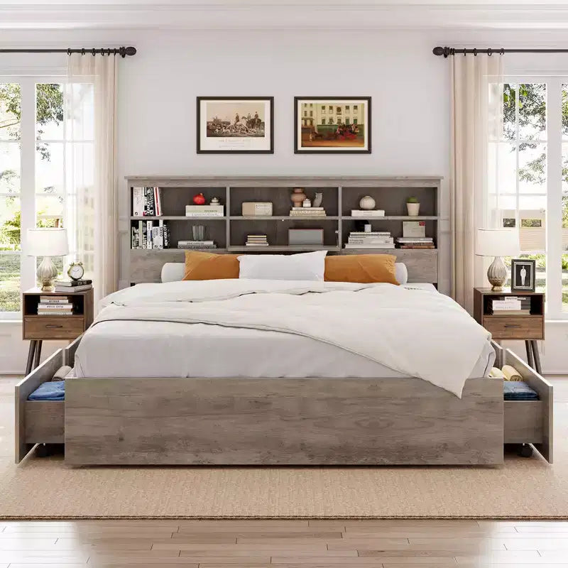 Letto king-size grigio con piattaforma e contenitore — 4 cassetti e testiera con libreria, 2 posti letto