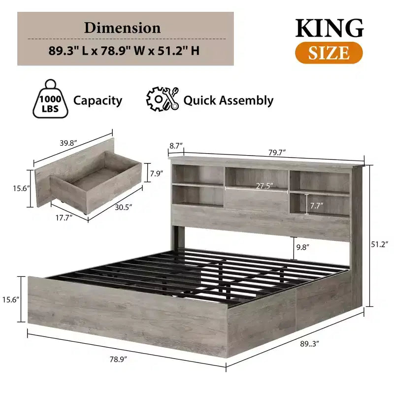 Letto king-size grigio con piattaforma e contenitore — 4 cassetti e testiera con libreria, 2 posti letto