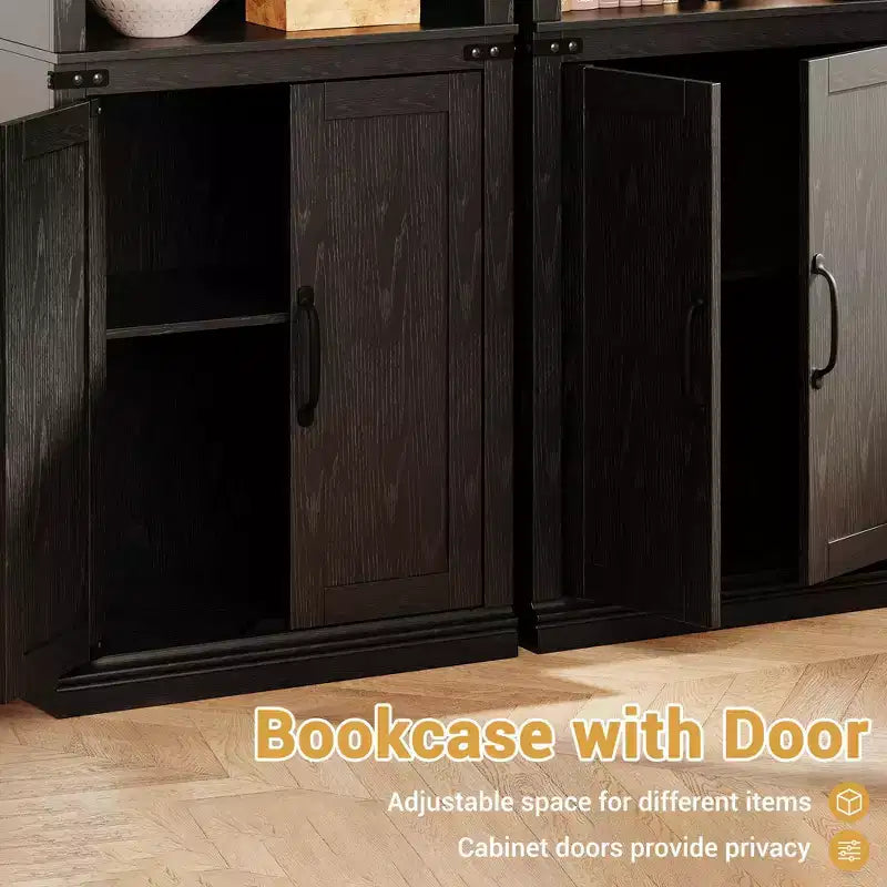 Libreria a 5 Ripiani con Ante, Bianco Antico / Nero / Rovere Scuro / Grigio – Stile Rustico