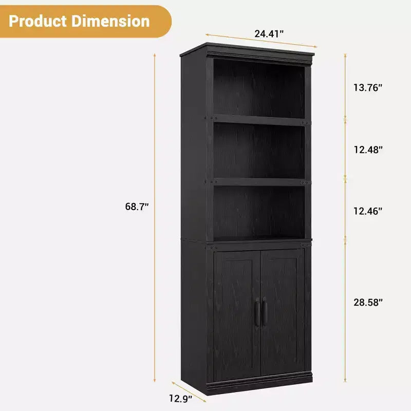 Libreria a 5 Ripiani con Ante, Bianco Antico / Nero / Rovere Scuro / Grigio – Stile Rustico