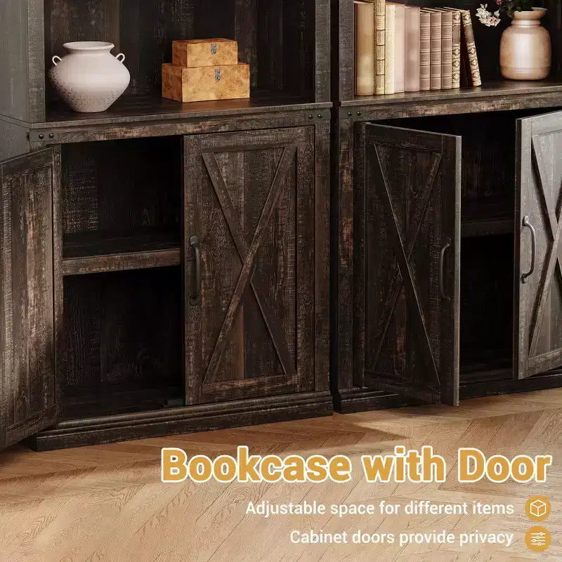 Libreria a 5 Ripiani con Ante, Bianco Antico / Nero / Rovere Scuro / Grigio – Stile Rustico