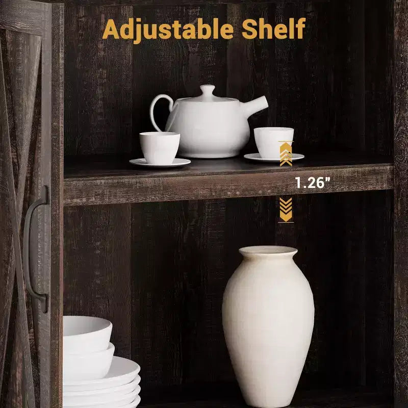 Libreria a 5 Ripiani con Ante, Bianco Antico / Nero / Rovere Scuro / Grigio – Stile Rustico