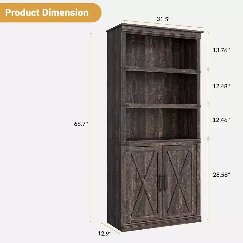Libreria a 5 Ripiani con Ante, Bianco Antico / Nero / Rovere Scuro / Grigio – Stile Rustico