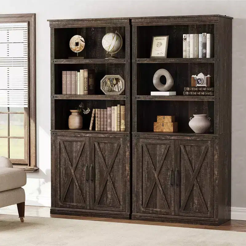Libreria a 5 Ripiani con Ante, Bianco Antico / Nero / Rovere Scuro / Grigio – Stile Rustico