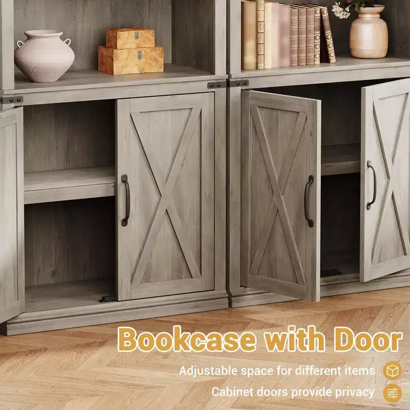 Libreria a 5 Ripiani con Ante, Bianco Antico / Nero / Rovere Scuro / Grigio – Stile Rustico