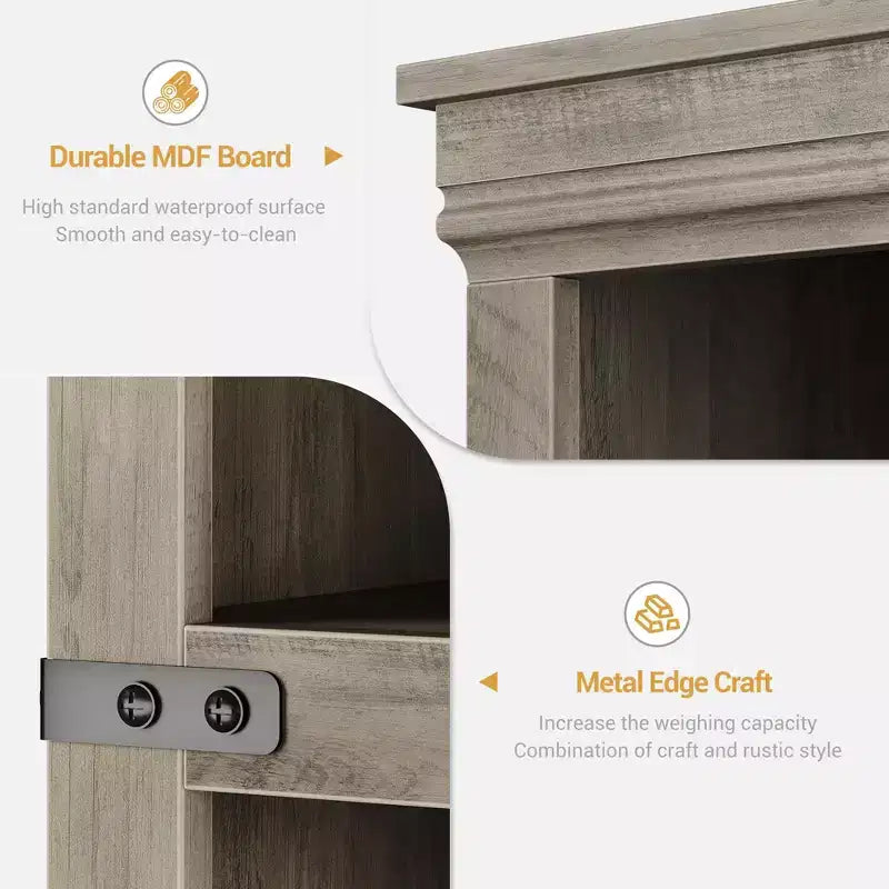 Libreria a 5 Ripiani con Ante, Bianco Antico / Nero / Rovere Scuro / Grigio – Stile Rustico