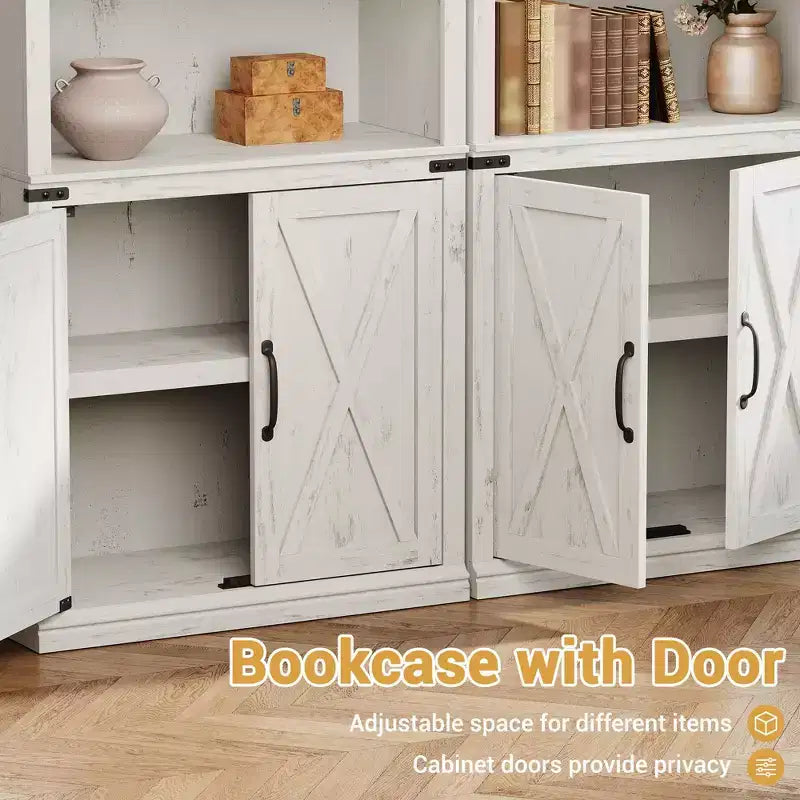 Libreria a 5 Ripiani con Ante, Bianco Antico / Nero / Rovere Scuro / Grigio – Stile Rustico
