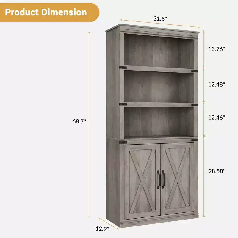 Libreria a 5 Ripiani con Ante, Bianco Antico / Nero / Rovere Scuro / Grigio – Stile Rustico
