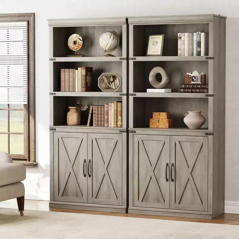 Libreria a 5 Ripiani con Ante, Bianco Antico / Nero / Rovere Scuro / Grigio – Stile Rustico