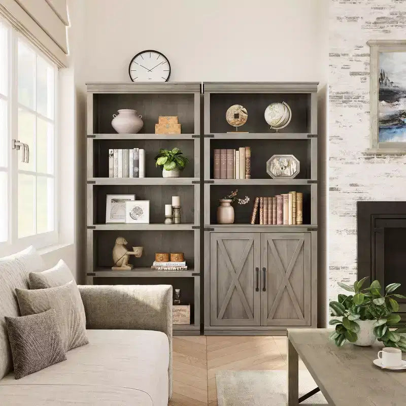 Libreria a 5 Ripiani con Ante, Bianco Antico / Nero / Rovere Scuro / Grigio – Stile Rustico